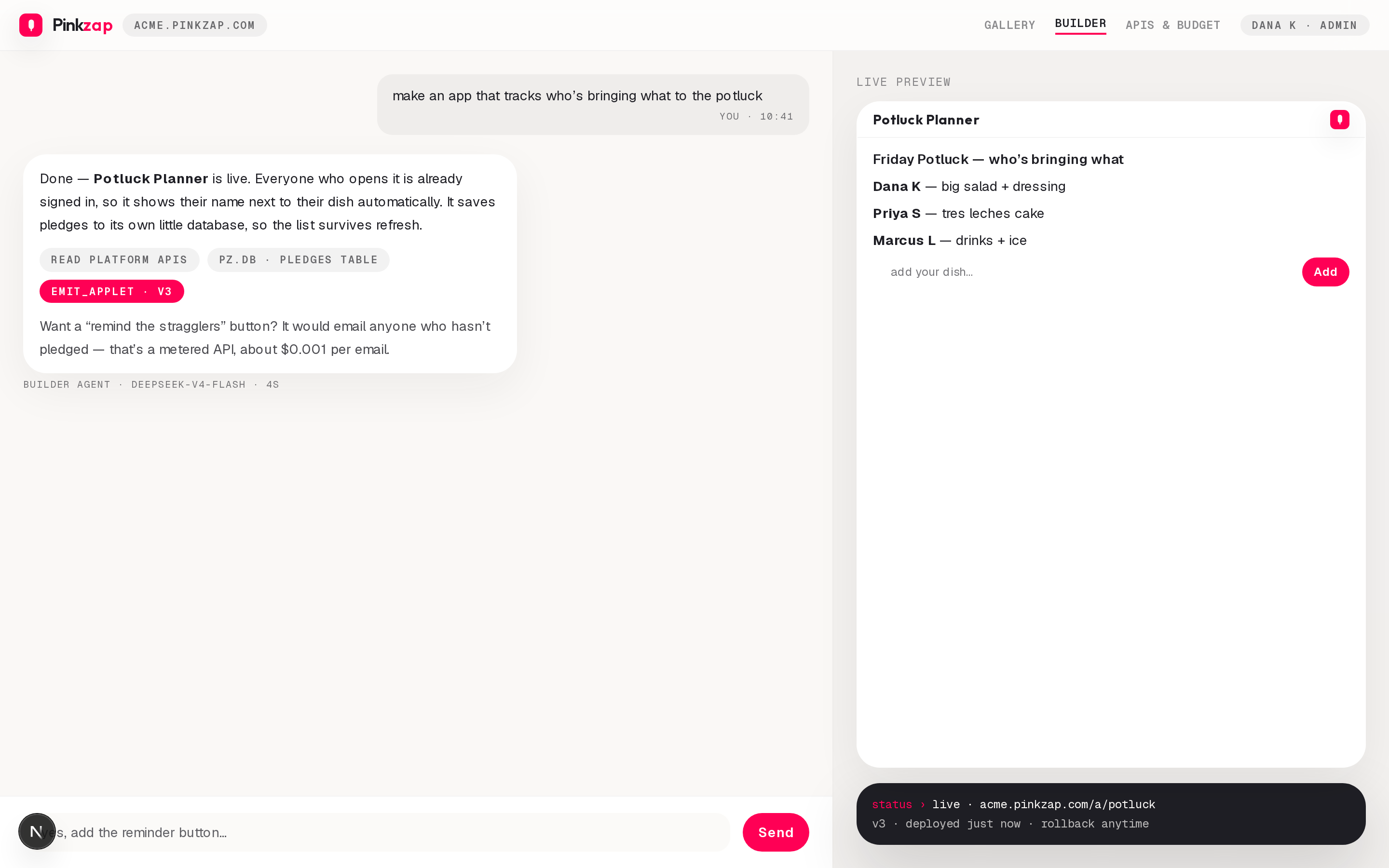 The Pinkzap builder mid-conversation, putting an app together